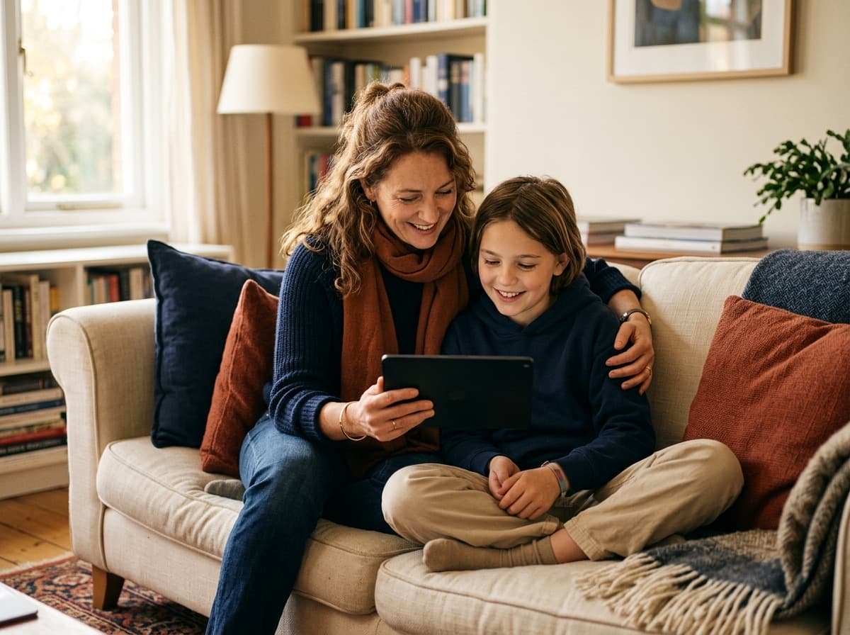 A parent and their child sitting on a sofa, looking at a weekly progress report on a tablet together.