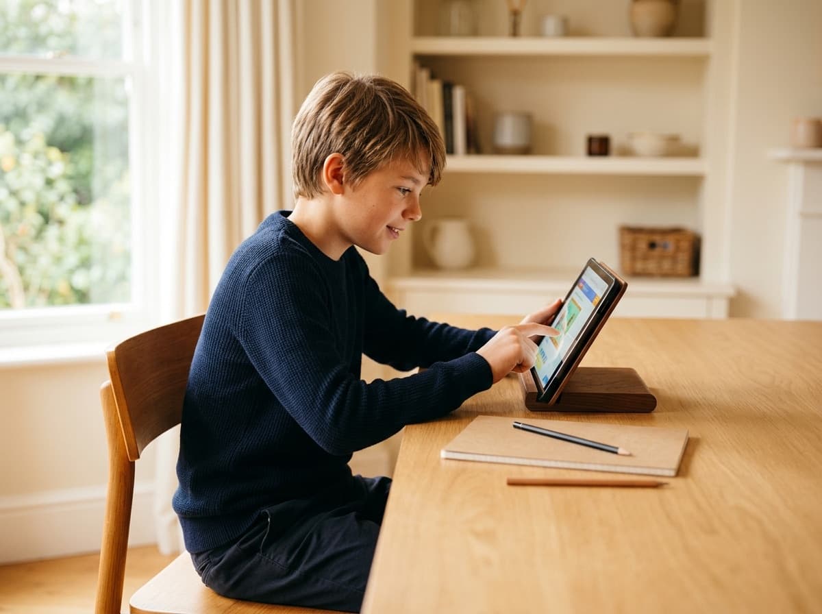 A student working through practice questions on a tablet at a kitchen table.