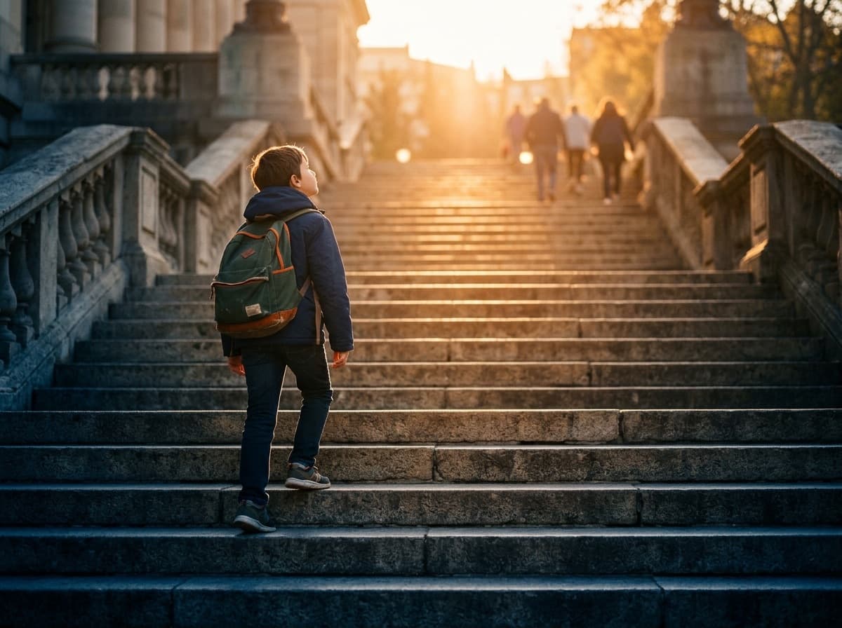 A student climbing a flight of stone steps toward the morning light, backpack on.